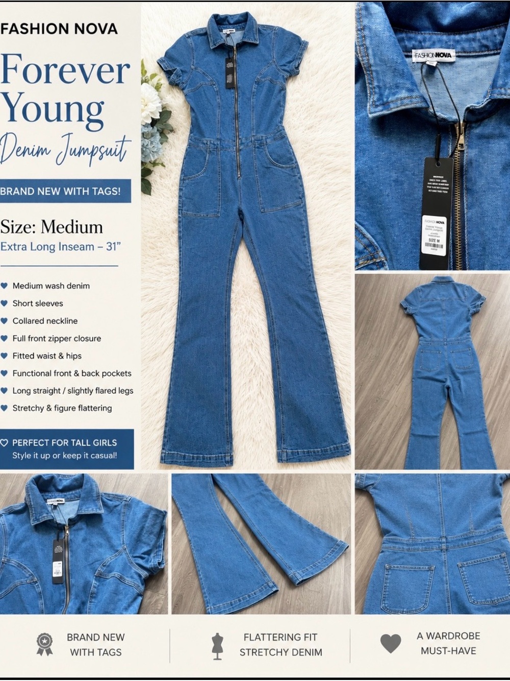 Fashion Nova Medium Blue Denim Jumpsuit - Short Sleeve, Flared Leg